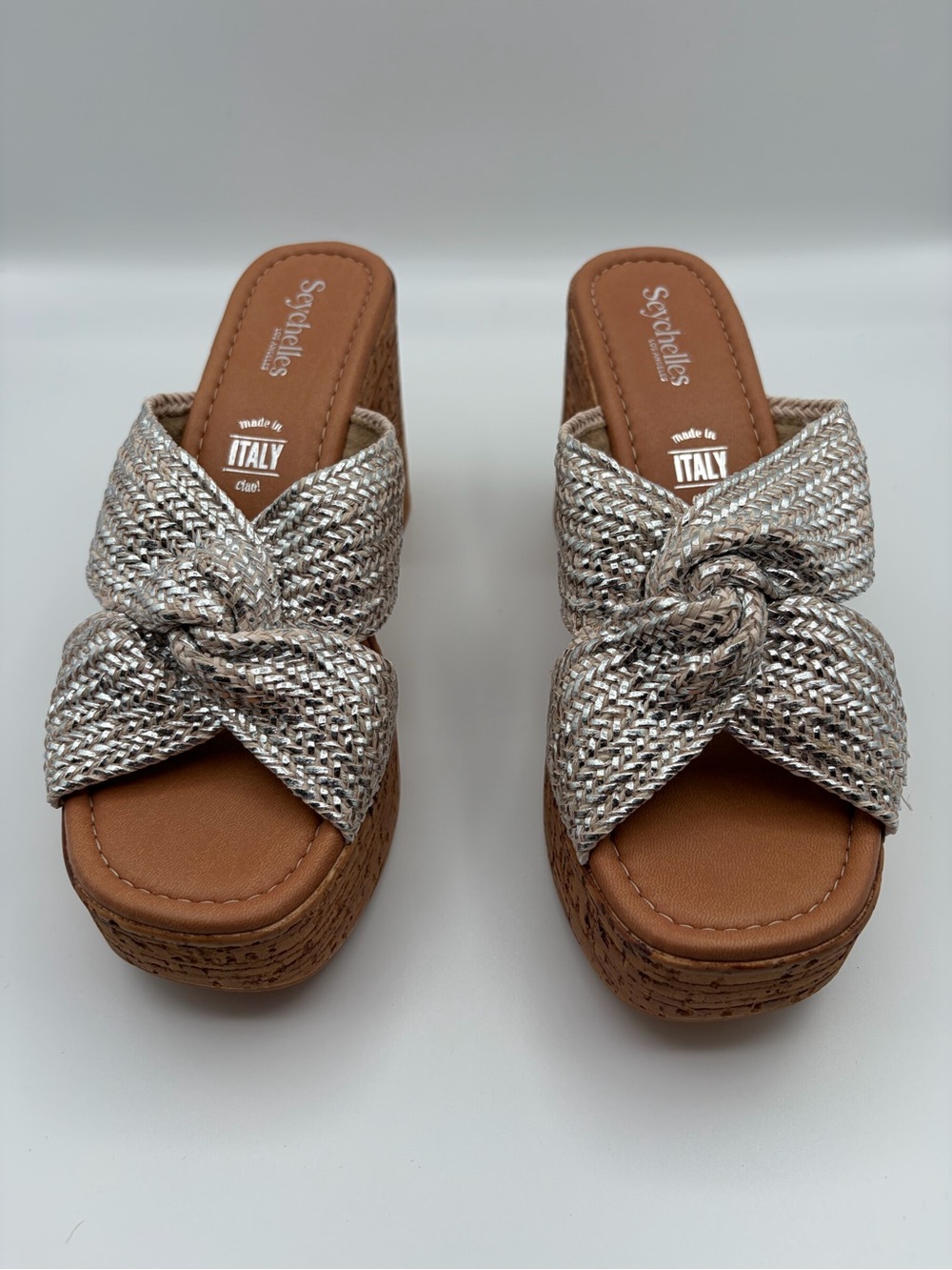 Seychelles Adorned Anthropologie Silver Raffia Platform Slide Sandals Size 10 - Picture 4 of 12